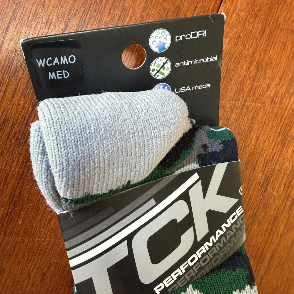 TCK Performance Woodland Camo Socks Dark Green Grey Medium Athletic Wicking USA